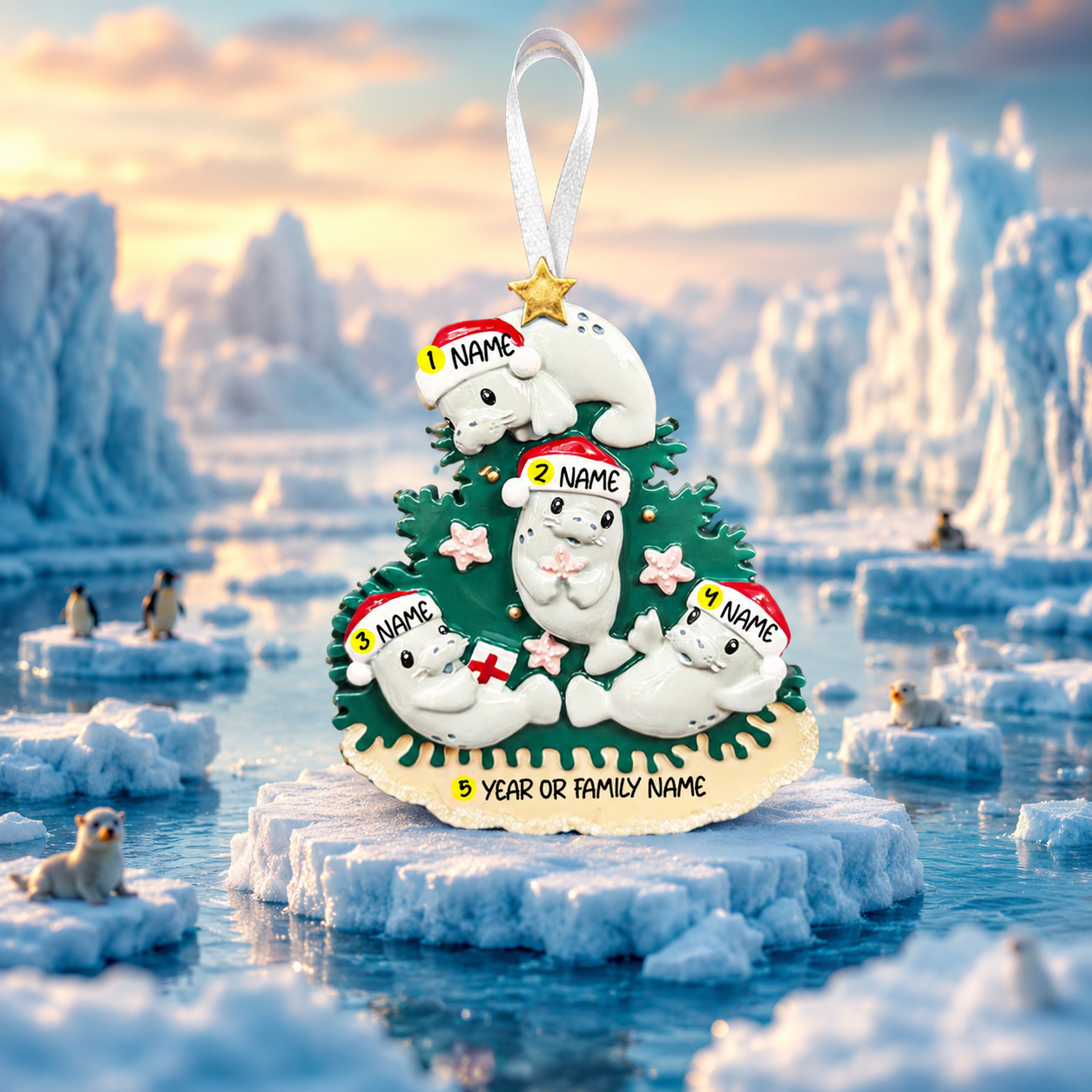 Personalized 4 Family Manatee Christmas Ornament | Ocean Theme Decor