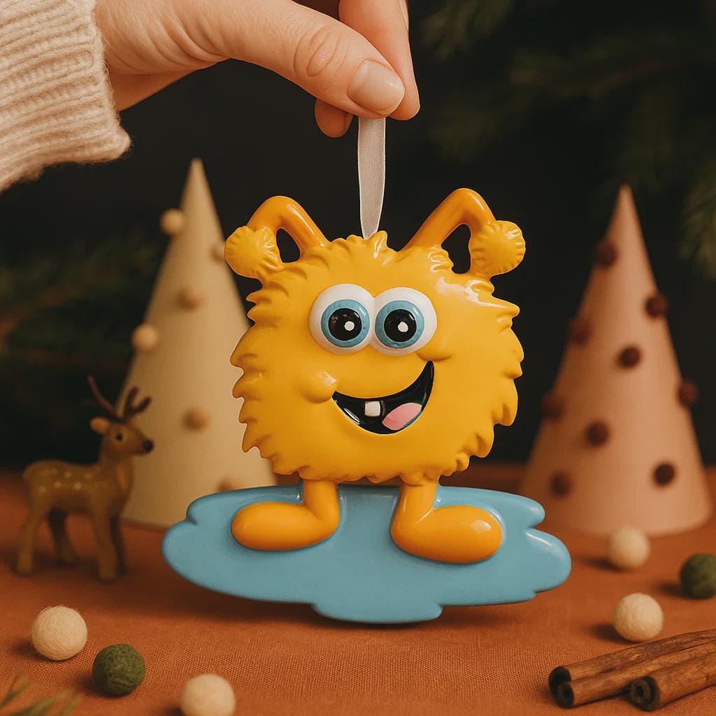Yellow cartoon-like character ornament with a hook, set against a festive background with Christmas trees and decorations.