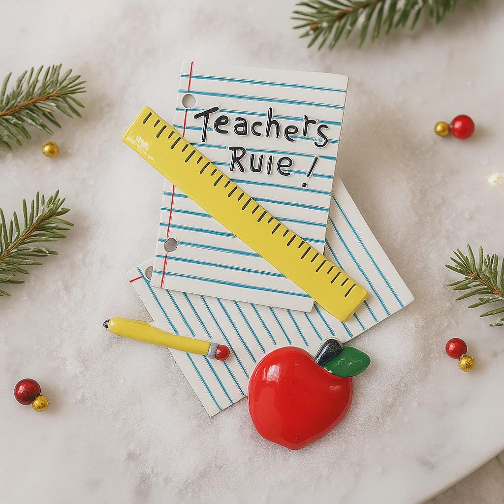 Decorative items including a yellow ruler, red apple, and pen on lined paper with 'Teachers Rule!' text, surrounded by Christmas decorations.