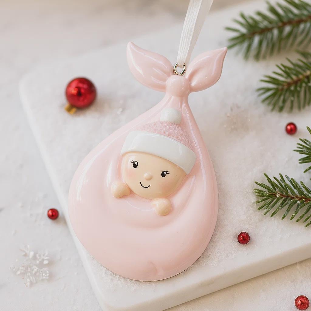 Decorative ornament of a baby in a pink basket with Christmas decorations on a white surface.