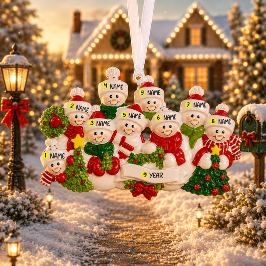 Snowman Family of 8 Christmas Ornament | Personalized Names and Year | Winter Tree Decor Keepsake