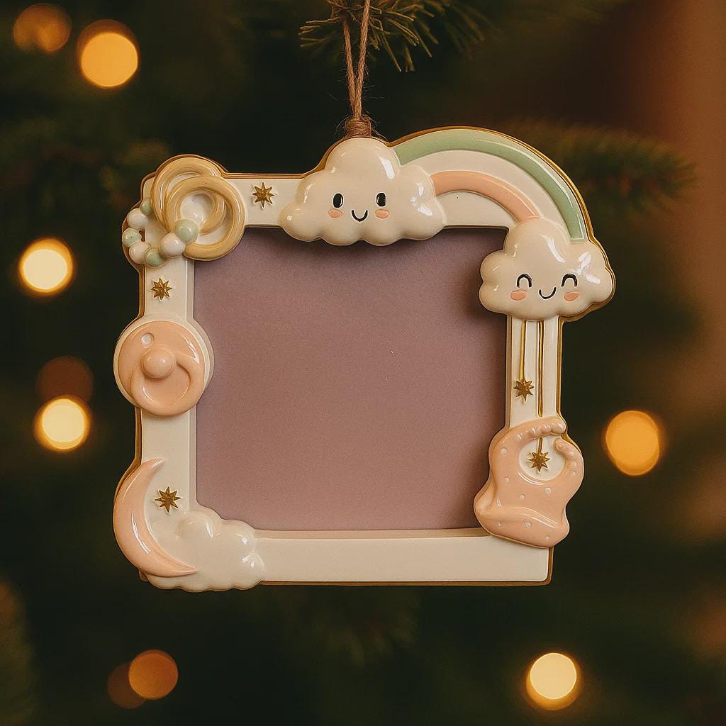 Decorative photo frame with cloud and rainbow design on a blurred Christmas tree background.
