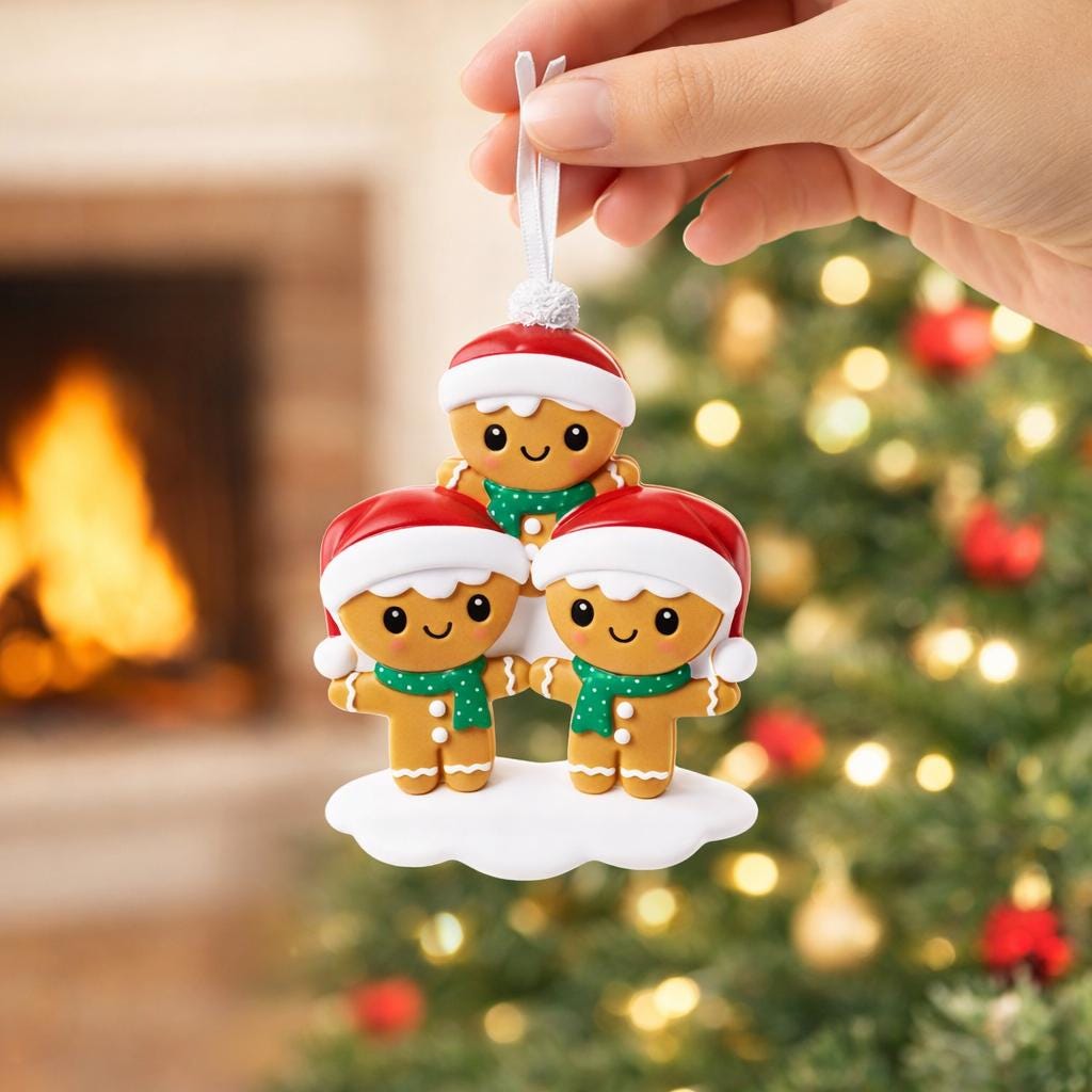Three gingerbread men Christmas ornaments with Santa hats held by a hand against a festive background.