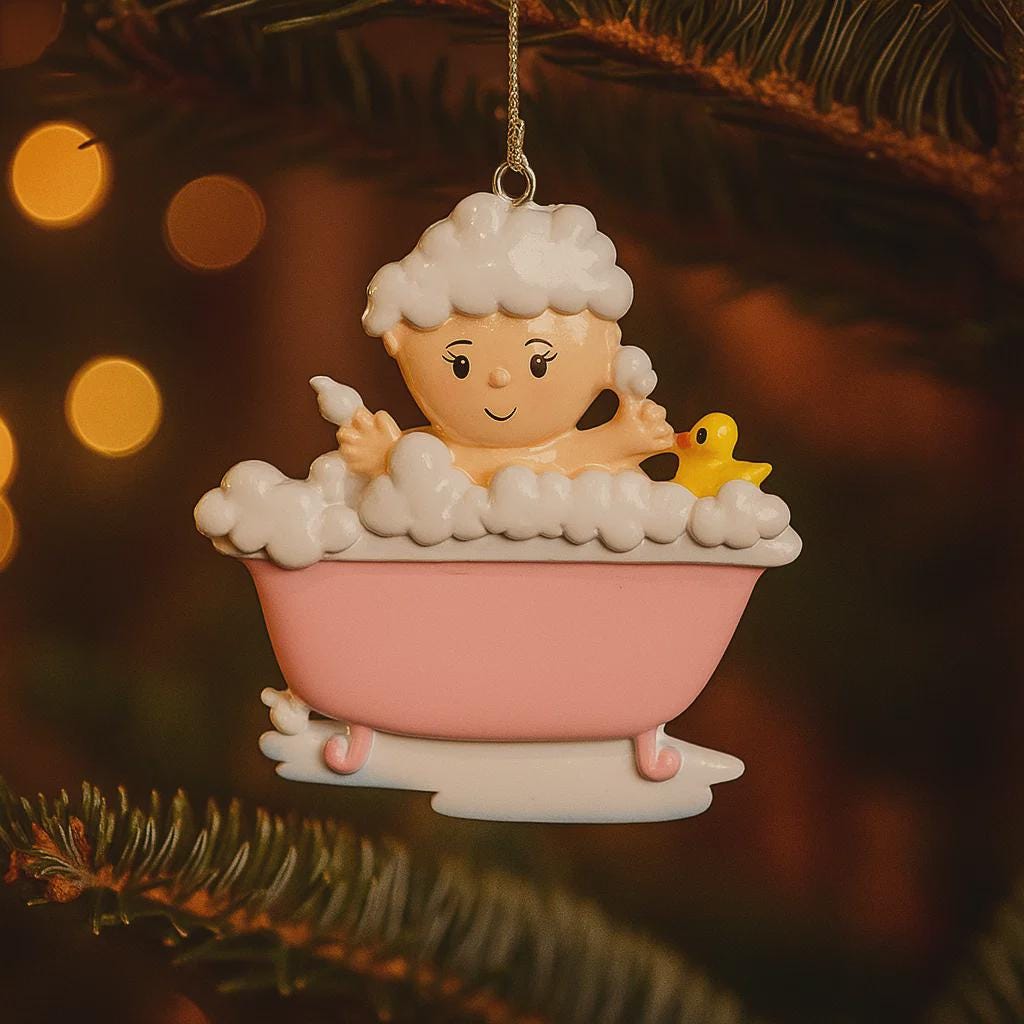 Decorative ornament of a baby in a bath with bubbles and a rubber duck, hanging on a tree.