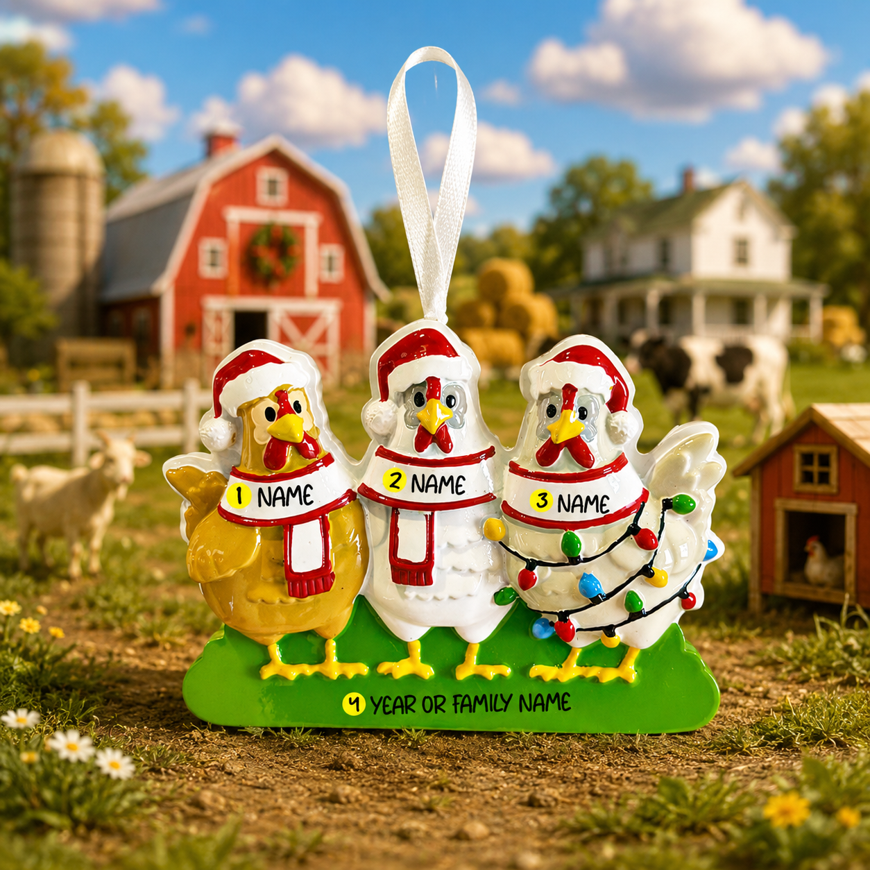 Decorative Christmas ornament with three chickens on a farm background