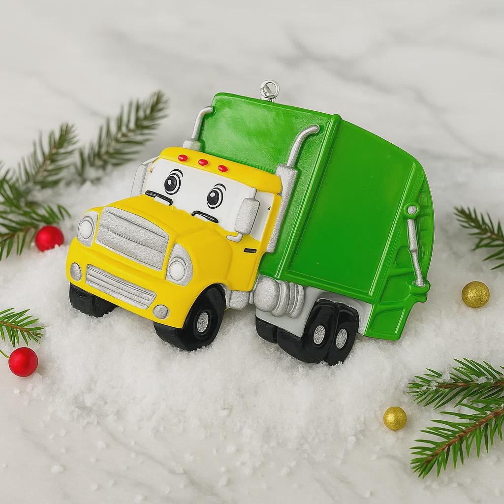 Cute personalized garbage truck ornament in green and yellow with animated truck face. Custom name and year option for kids who love trucks, garbage trucks, city vehicles and recycling themes. Perfect holiday tree decor for boys and toddlers obsessed with trucks. Bright colors, fun design, and adorable Christmas keepsake.