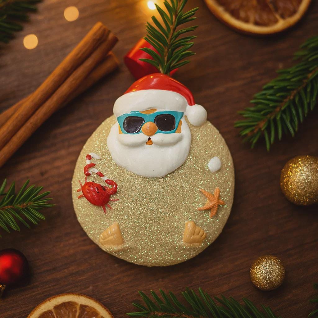 Decorative ornament shaped like a Santa Claus with beach elements on a wooden surface with Christmas decorations.