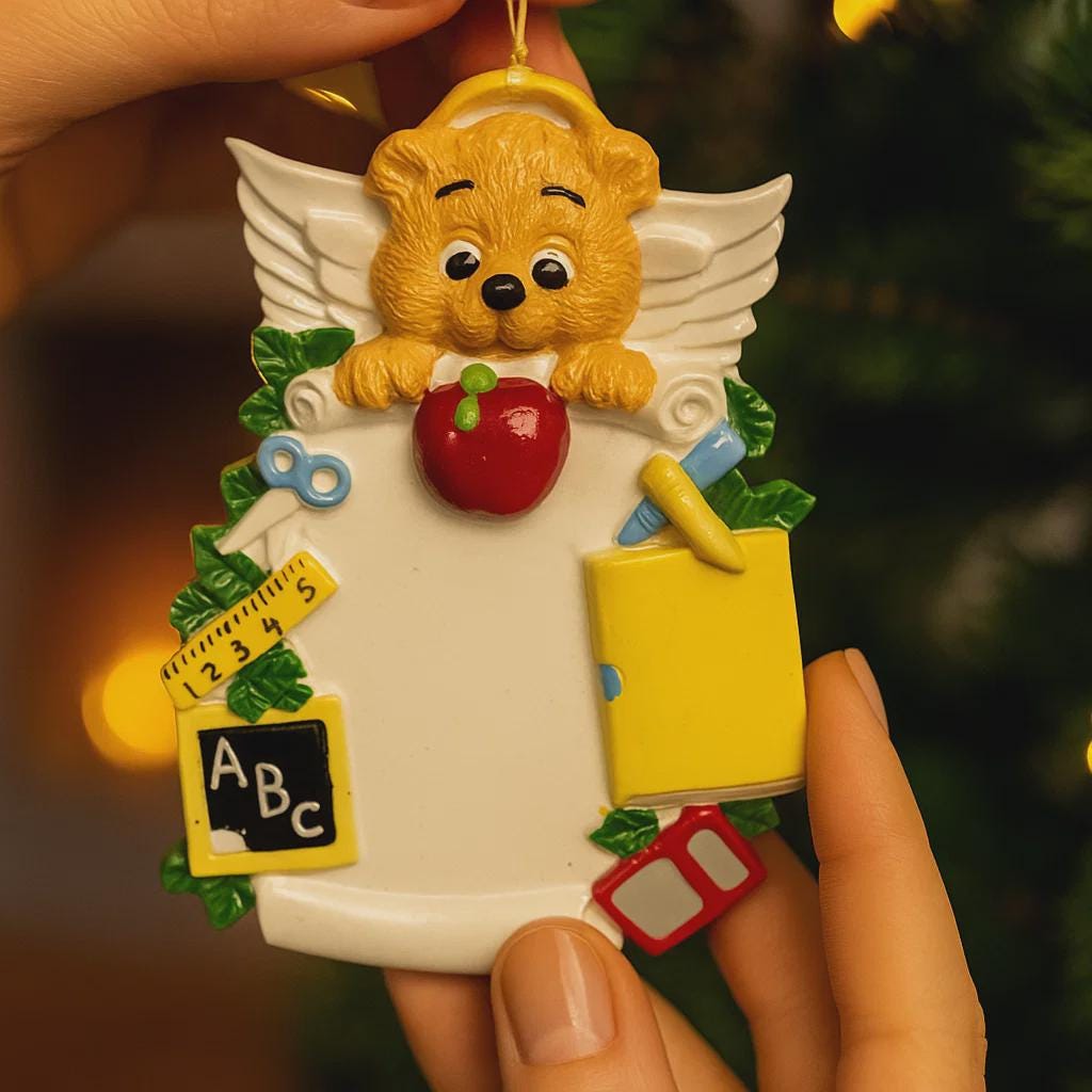 Decorative teacher angel ornament with educational items held by a hand against a blurred background.