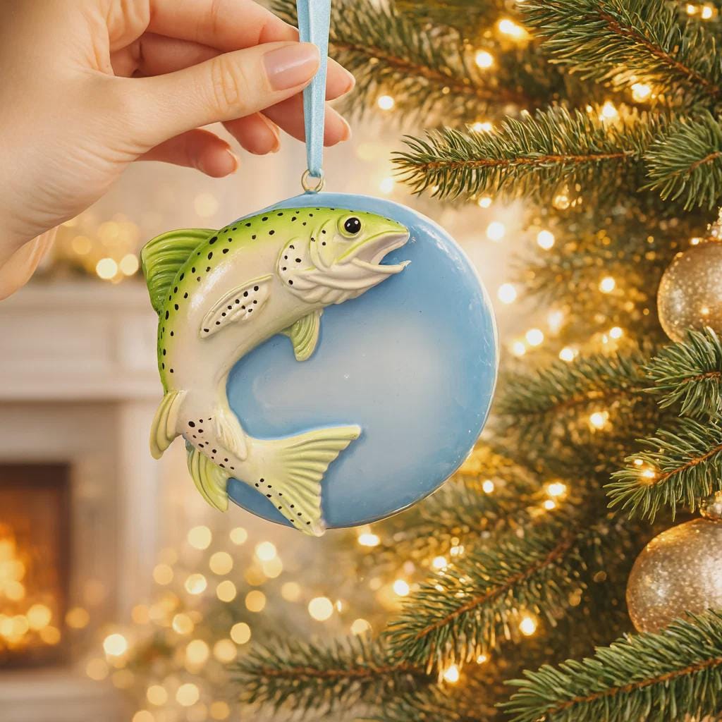 Decorative fish ornament on a Christmas tree with lights and a fireplace in the background