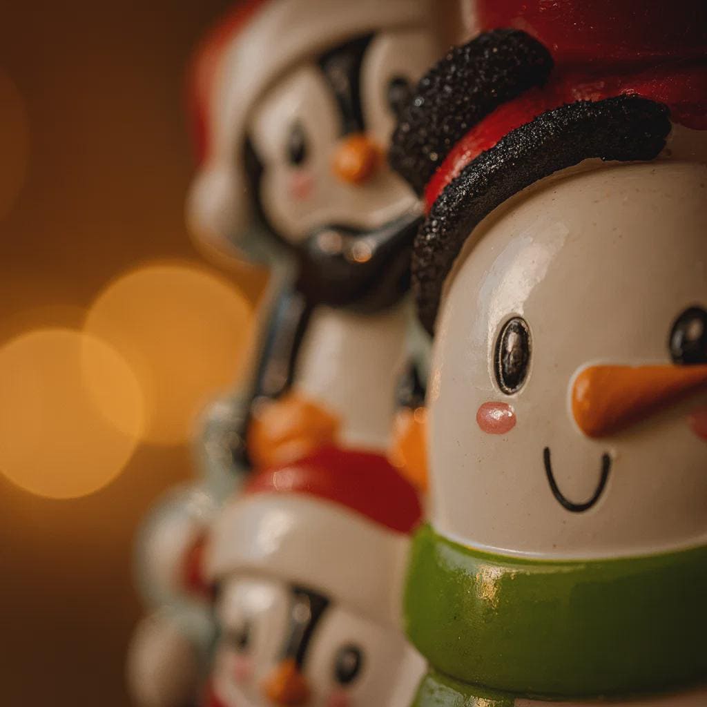 Three Christmas-themed figurines with blurred lights in the background