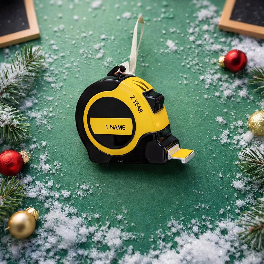 Yellow and black tape measure on a green surface with Christmas decorations