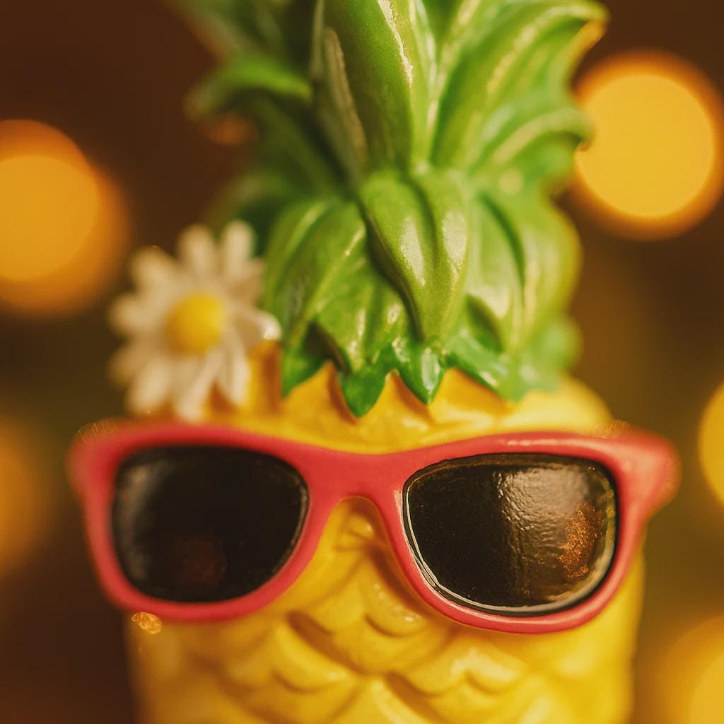 Pineapple with sunglasses and a flower on a blurred background