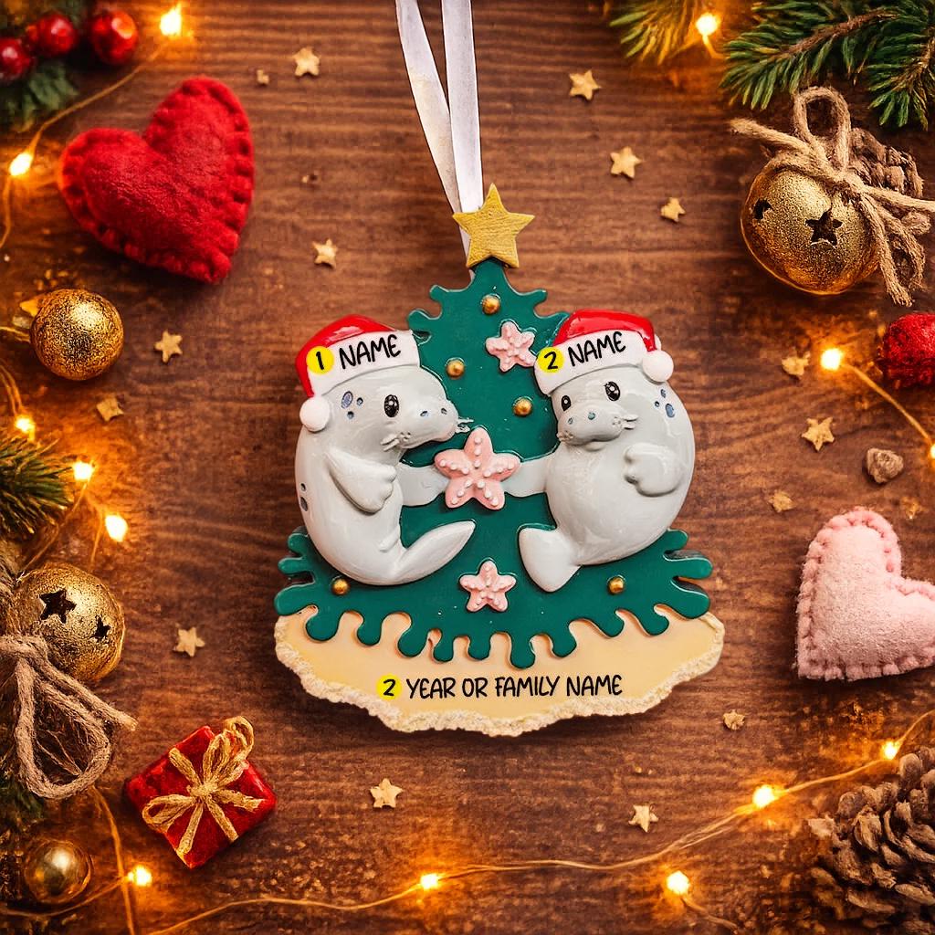 Personalized Manatee Family Couple Ornament | Coastal Christmas Keepsake | Raised 3D Ornament