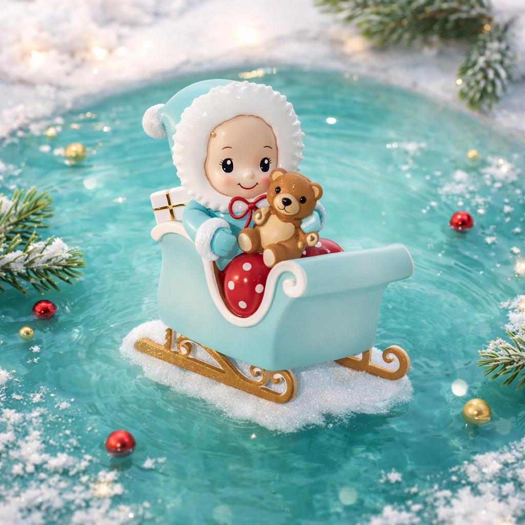 Personalized baby first Christmas ornament featuring a sweet baby boy sitting in a pastel blue sleigh holding a small teddy bear. Handwritten baby name and year displayed on the sleigh front. Smooth resin finish with soft winter tones, lightweight structure, mostly 2D ornament with raised 3D front details, designed for baby boy nursery themed Christmas tree decor and keepsake gifting.