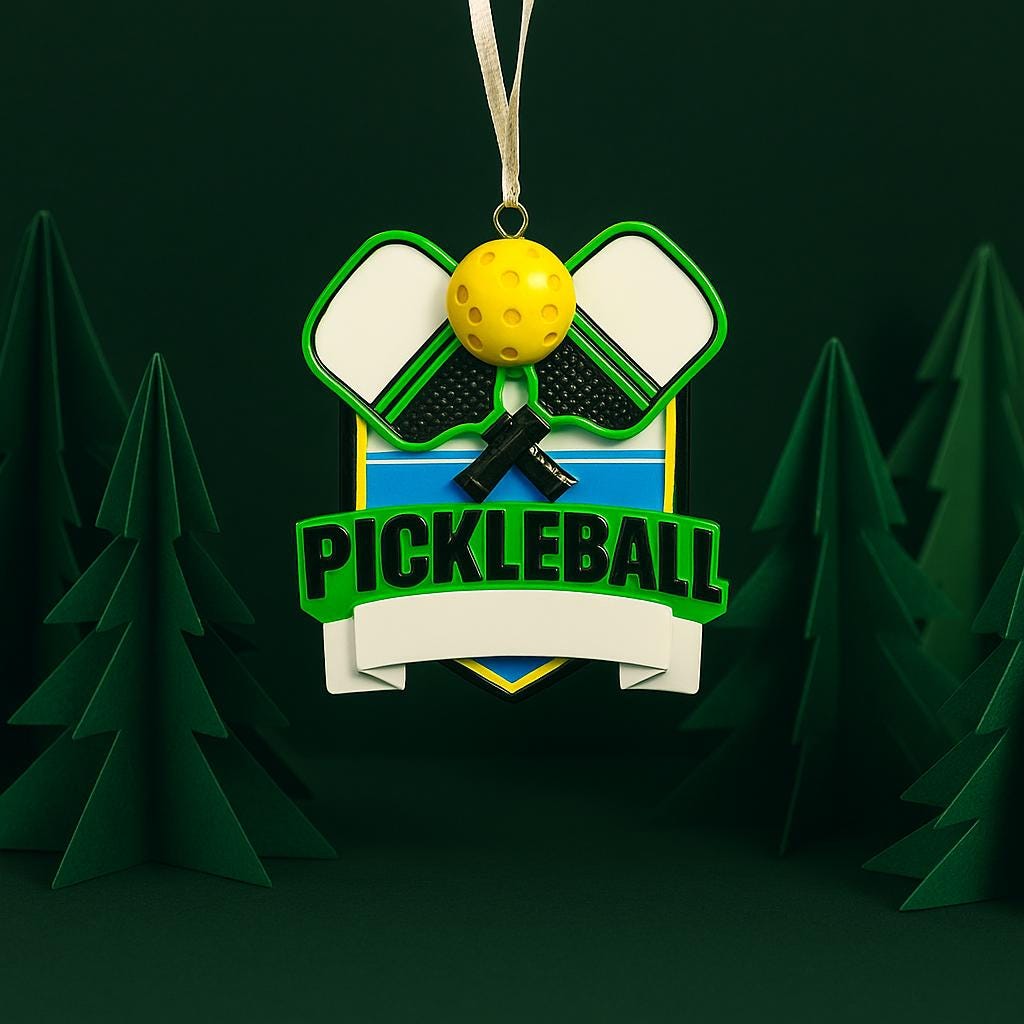 Personalized pickleball Christmas ornament featuring crossed pickleball paddles and a yellow pickleball on a shield style background, customizable name area on the front banner and customizable year area on the ball, glossy finish with raised 3D front details and flat 2D back, white hanging ribbon, displayed on a snowy pickleball court themed holiday background with pine branches and festive decorations.