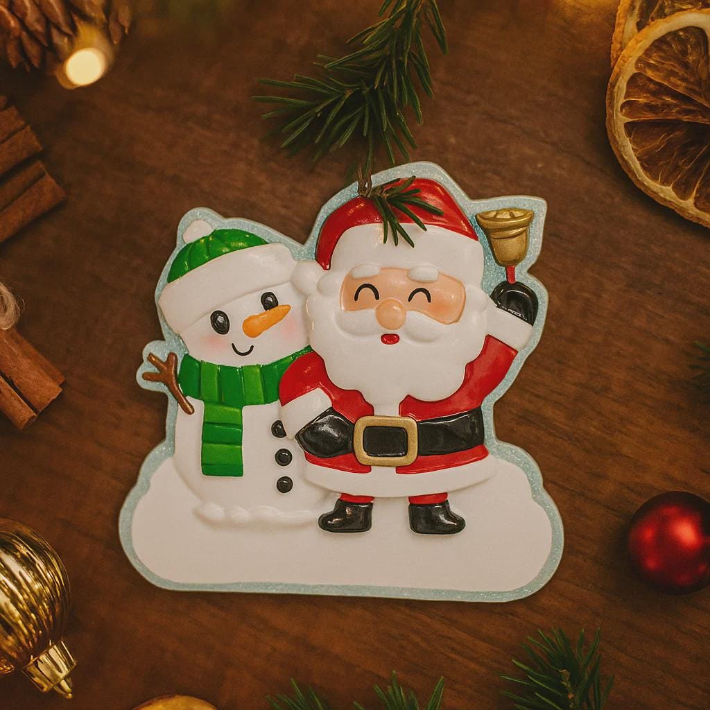 Personalized Santa and snowman ornament featuring a classic Christmas design with Santa holding a bell and a smiling snowman standing beside him. The ornament includes custom name and year personalization on the figures and base. Finished with a smooth glossy surface and detailed 3D front, it is designed for easy hanging on a Christmas tree. Perfect for festive holiday decor, family keepsakes, and seasonal gift giving.