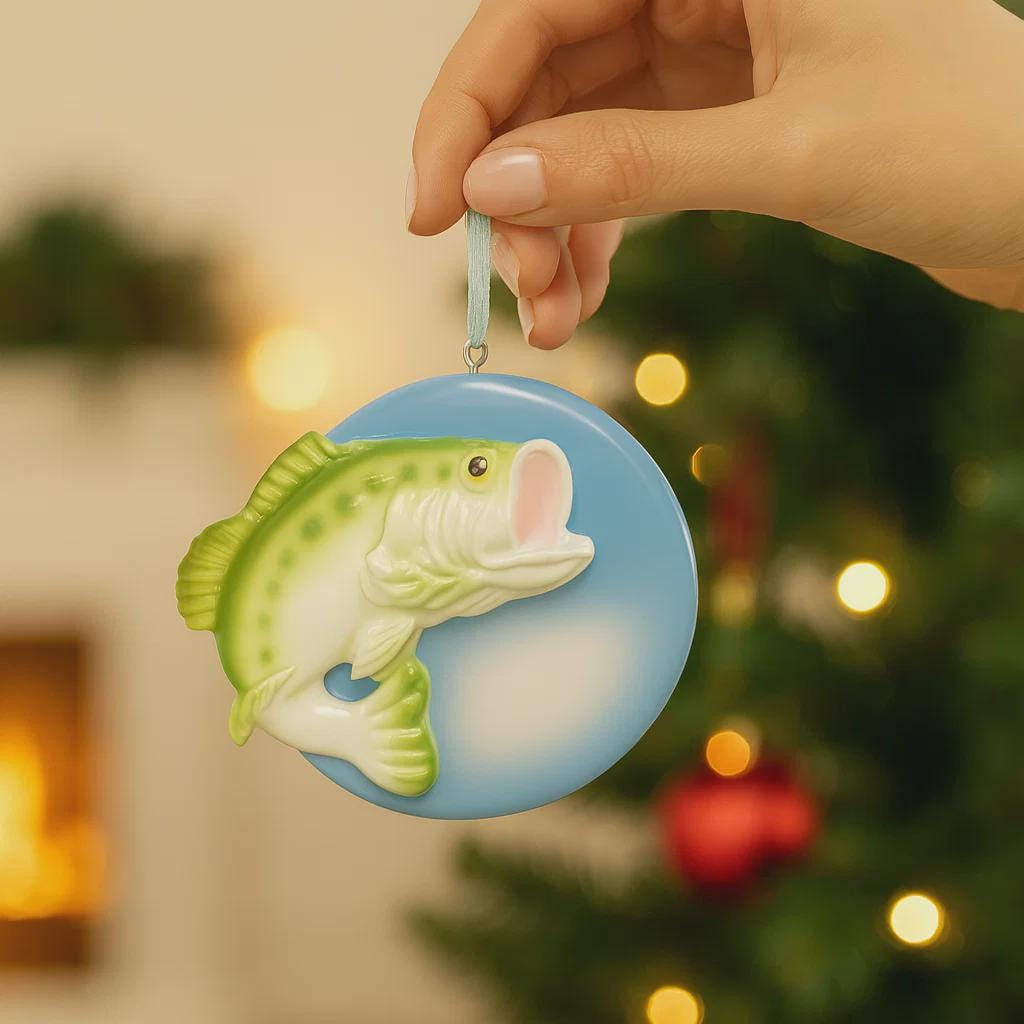 Decorative Bass fish ornament held by a hand with a blurred Christmas tree in the background