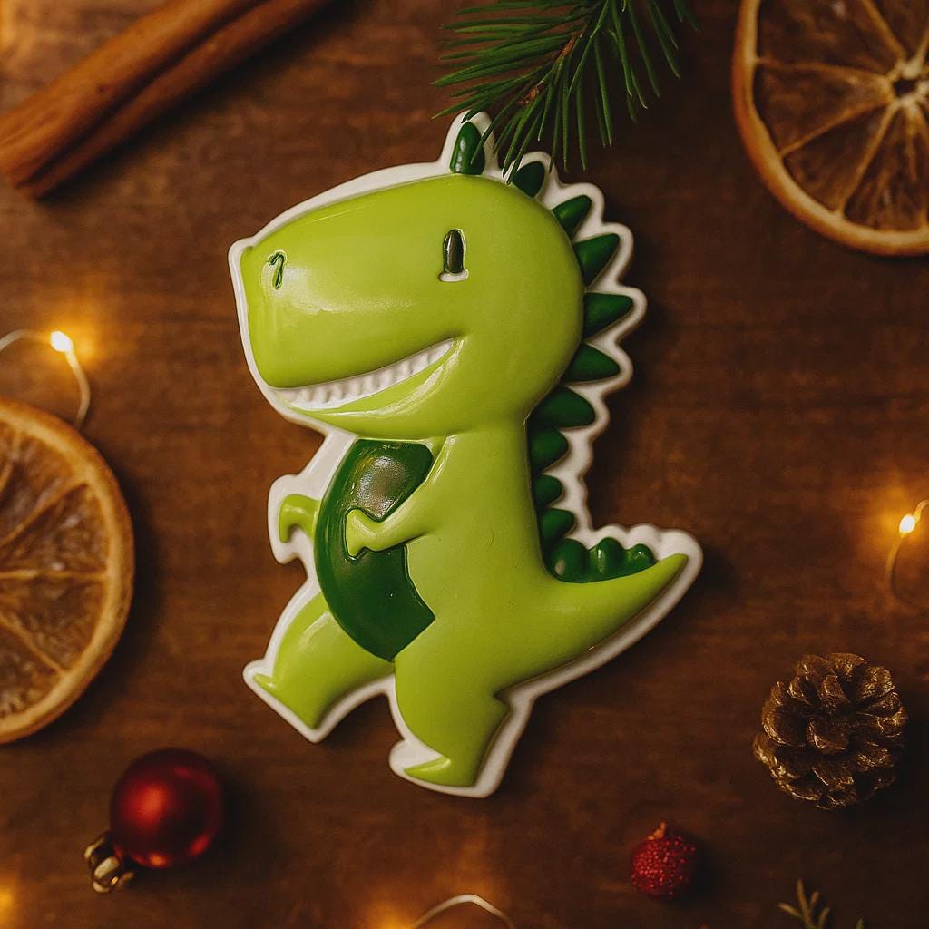 Personalized dinosaur Christmas ornament with a raised 3D front featuring a cute green dinosaur design and glossy detailed texture. The ornament has a flat 2D back for easy hanging and durability. Bright green color, playful smile, and sculpted spikes create a fun and eye catching look. Hand personalized with name and year. Perfect kids Christmas ornament, dinosaur themed holiday decor, and personalized keepsake gift.