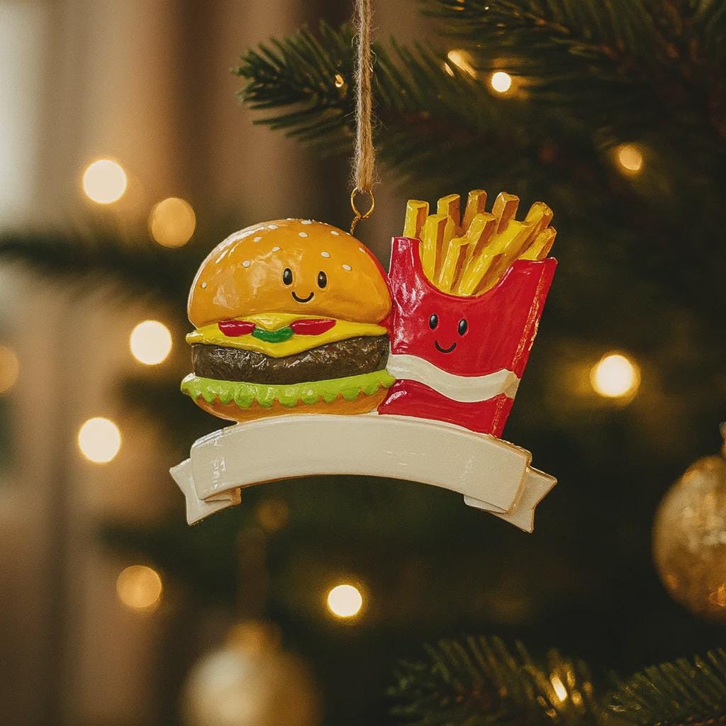 Hamburger and french fries ornament hanging on a Christmas tree with lights in the background