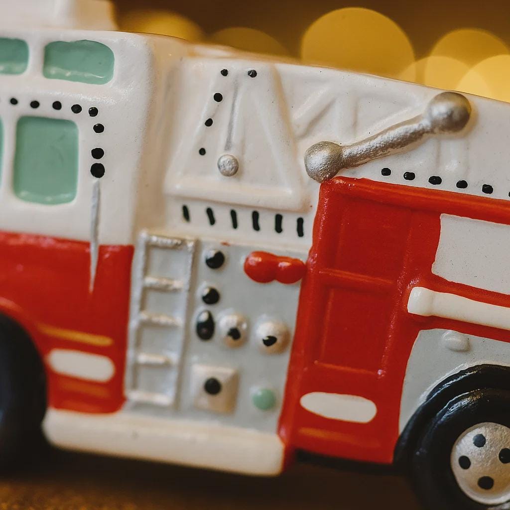 Close-up of a ornament fire truck with a blurred yellow background