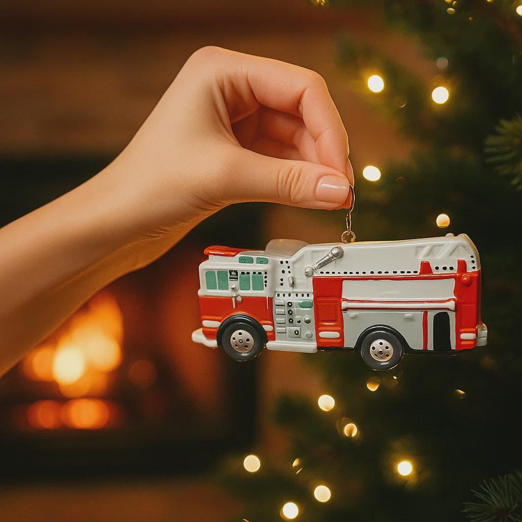 Hand holding a red and white fire truck ornament against a festive background with lights and a fireplace.