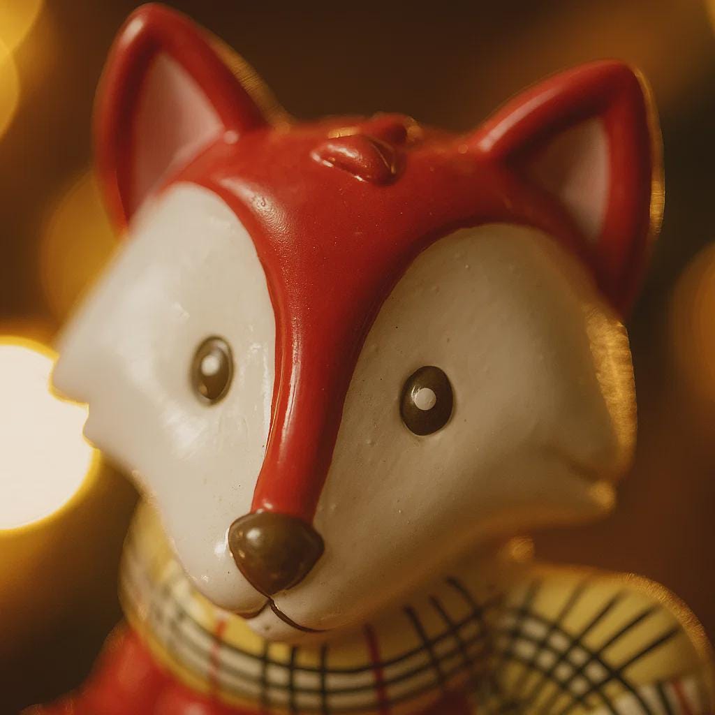 Close-up of a fox-shaped candle with a warm glow