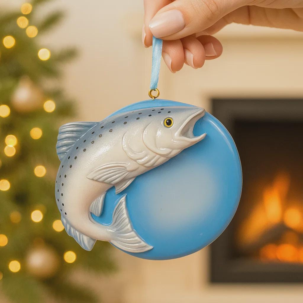 Decorative ornament with Trout fish design held by a hand against a festive background.