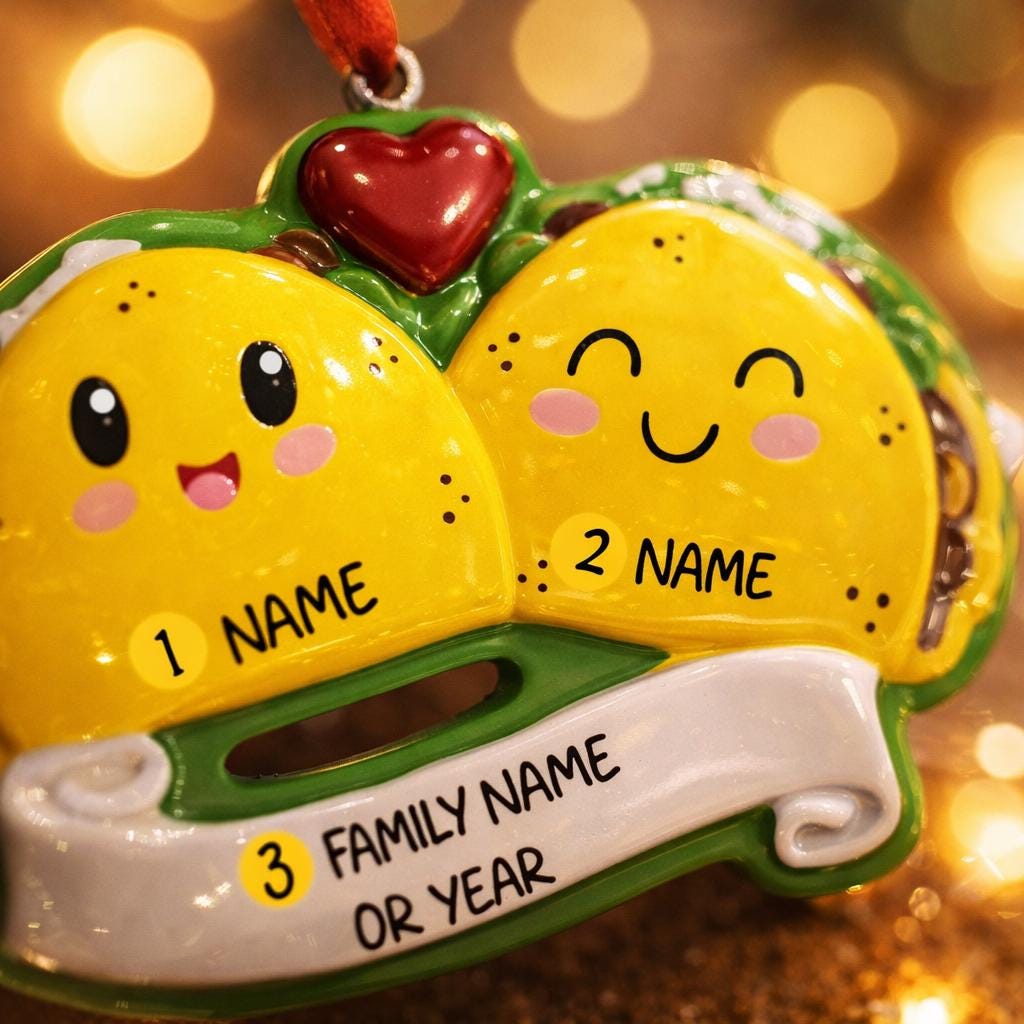 Personalized taco couple ornament featuring a playful and colorful design celebrating love and togetherness. This cute Christmas ornament can be customized with two names and a family name or year, making it perfect for couples, partners, newlyweds, engagements, anniversaries, Valentine’s Day, or fun holiday gifts. A joyful keepsake that represents shared laughter, connection, and memorable moments together.
