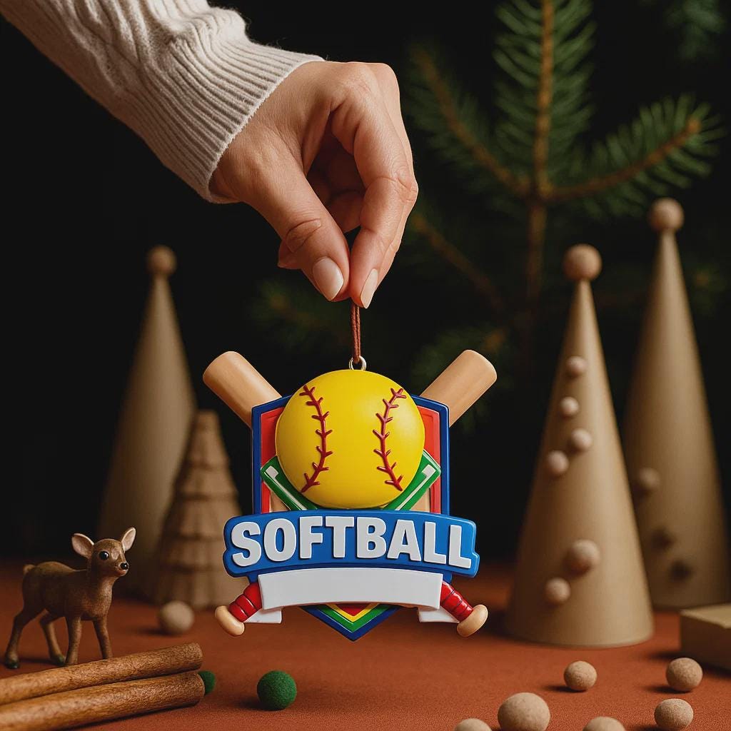 Personalized softball Christmas ornament featuring a yellow softball with stitched details and crossed bats design on a shield style background, customizable name area on the front banner and customizable year area on the softball, glossy finish with raised 3D front details and flat 2D back, white hanging ribbon, displayed on a snowy softball field themed holiday background with pine branches and festive decorations.