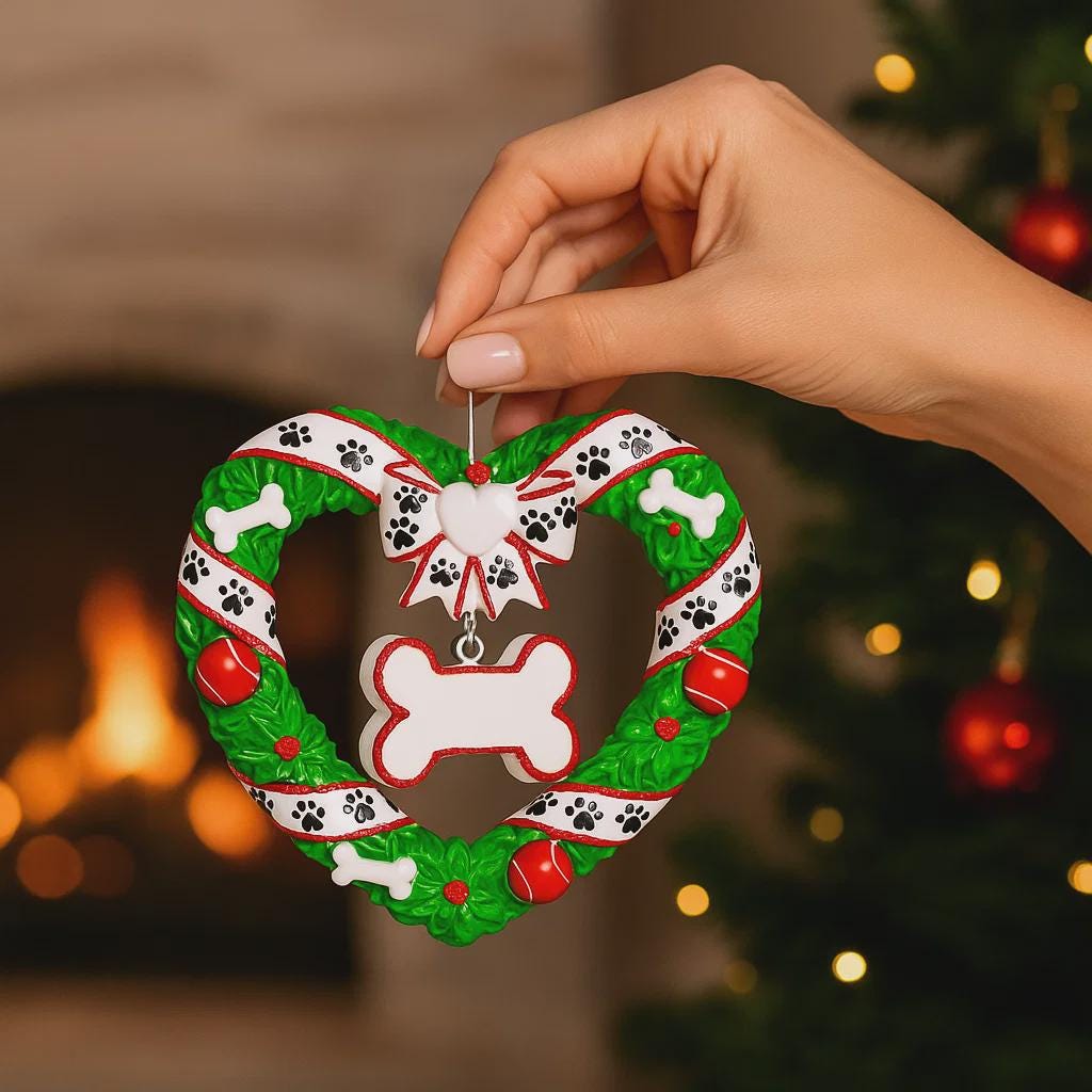 Heart-shaped Christmas ornament with a wreath design, held by a hand in front of a fireplace and tree.