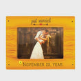 Load image into Gallery viewer, Personalized just married photo frame ornament featuring a rustic yellow frame design. A romantic keepsake for newlyweds couples celebrating their first Christmas married or Valentine’s Day. Perfect wedding gift engagement decor and meaningful holiday ornament.
