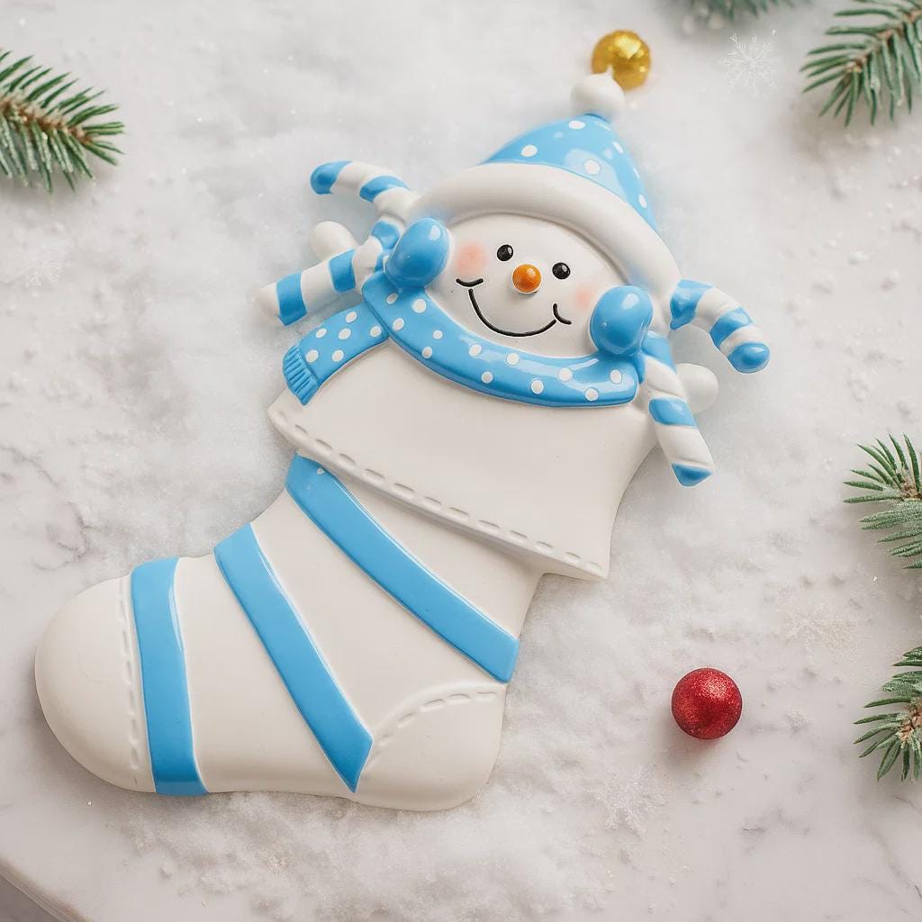 Decorative stocking with a snowman design on a snowy background