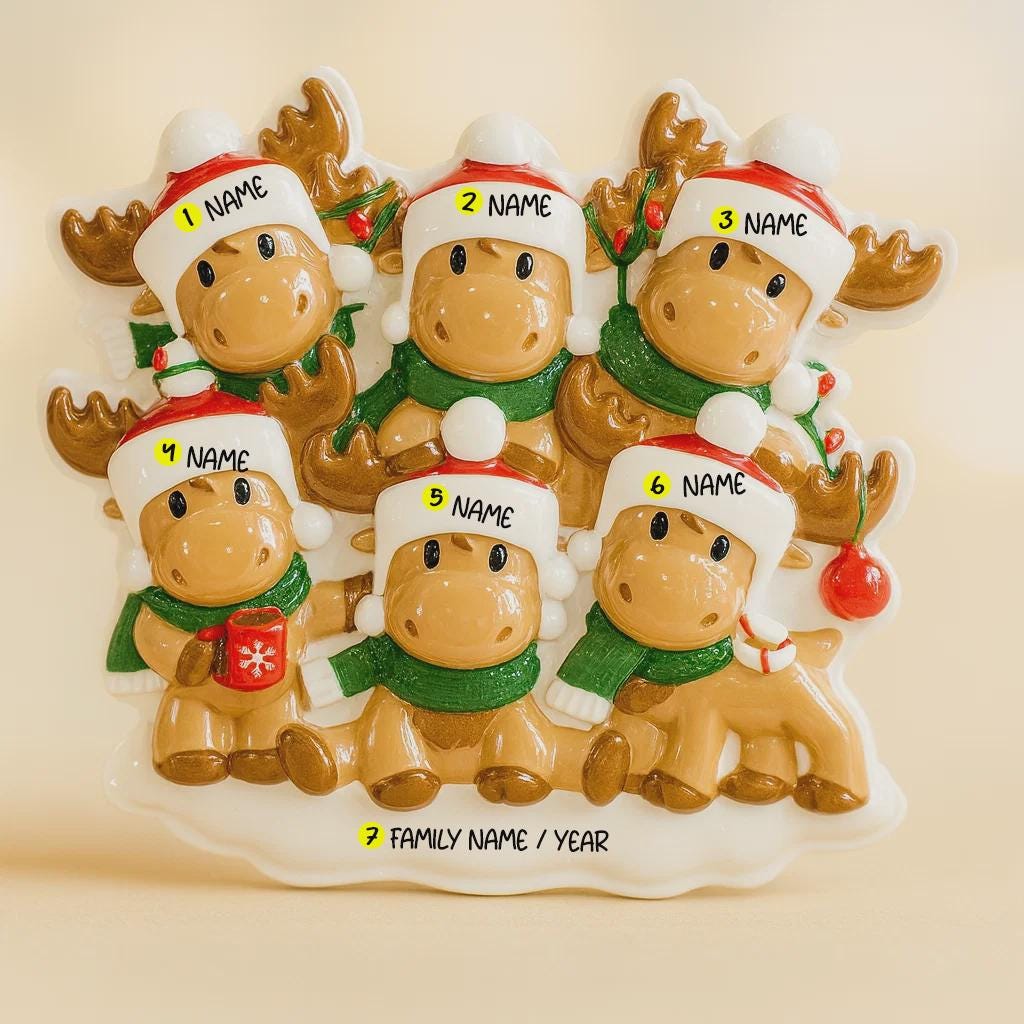 Family of 6 Reindeer Ornament | Personalized Names and Year | Festive Tree Decor Keepsake