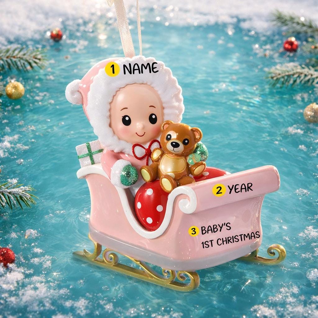 Personalized baby first Christmas ornament featuring a sweet baby sitting in a pastel pink sleigh holding a teddy bear. Handwritten baby name and year or Baby’s First Christmas text shown on the sleigh. Smooth resin finish with soft pastel tones, lightweight structure, mostly 2D ornament with raised 3D front details, designed for baby nursery themed Christmas tree decor and keepsake gifting.