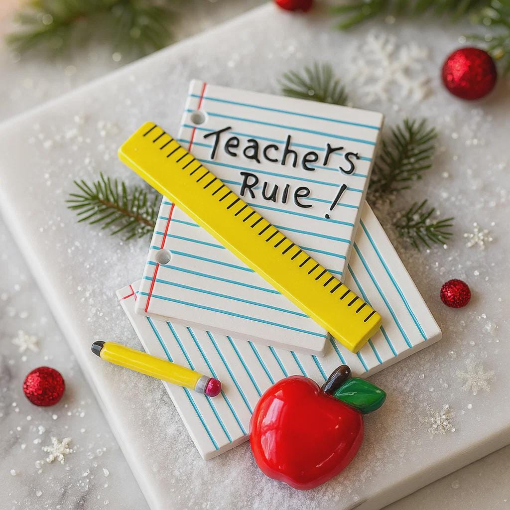 Decorative ornament shaped like paper book with a ruler, pen, and red apple on a green background with Christmas elements.