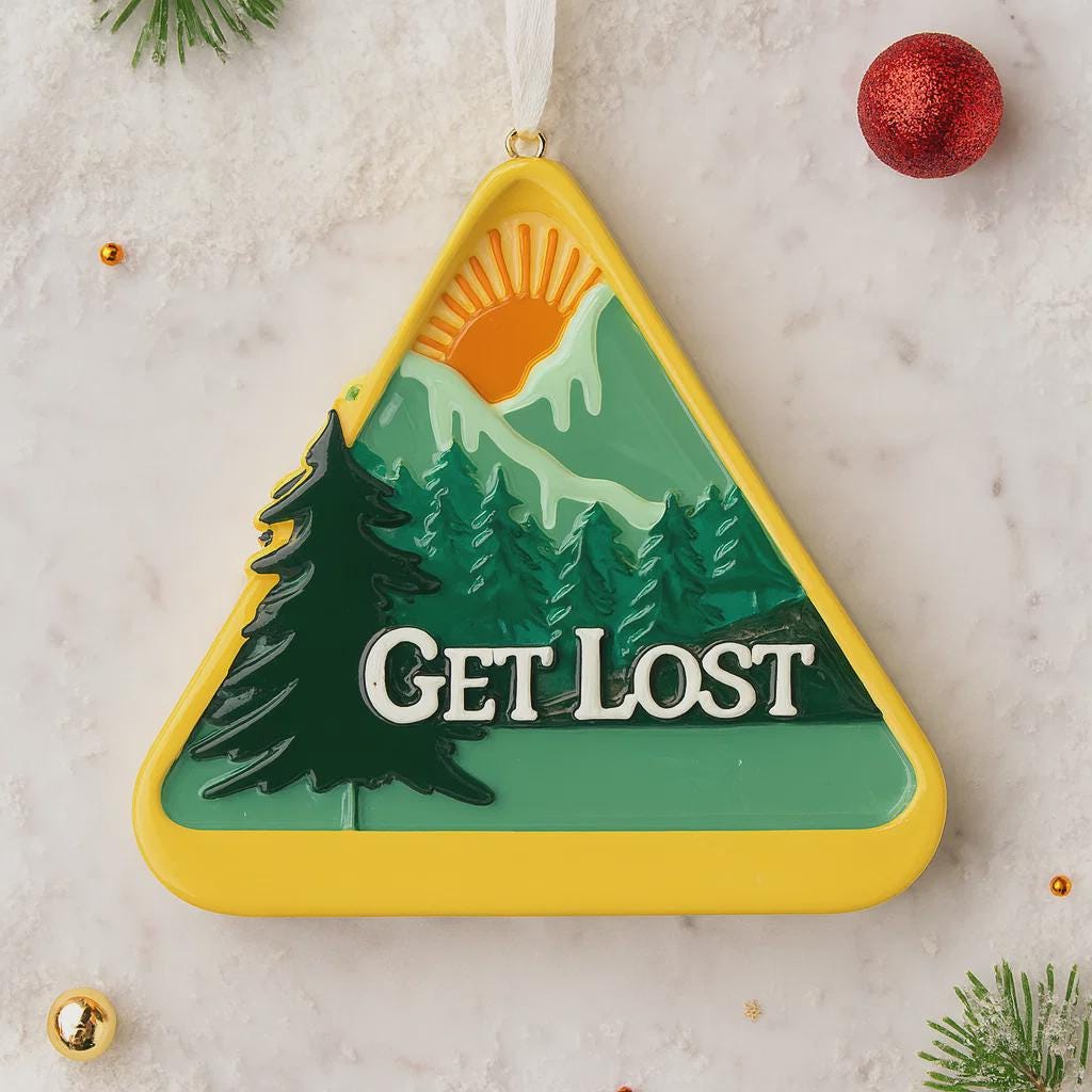 Decorative ornament with mountain and tree design and 'GET LOST' text on a light background.