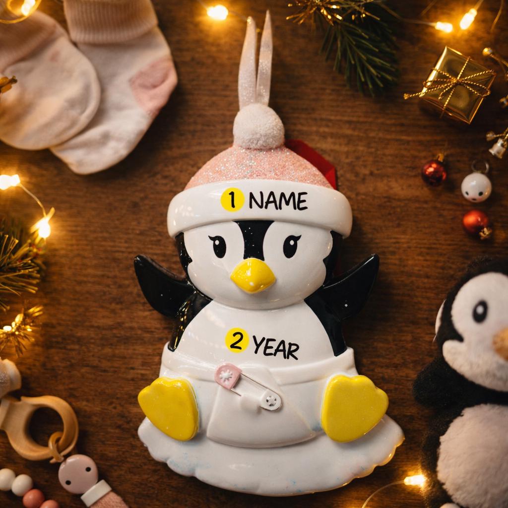 Personalized Baby Penguin First Christmas Ornament featuring a sweet penguin wearing a soft pink winter hat, sitting on a snowy base. The baby’s name is displayed on the hat and the year is placed on the belly, creating a meaningful keepsake for a newborn’s first holiday season. With bright yellow feet, soft winter details, and charming 3D design, this ornament is perfect for baby girls celebrating their very first Christmas and makes a thoughtful holiday gift for new parents.