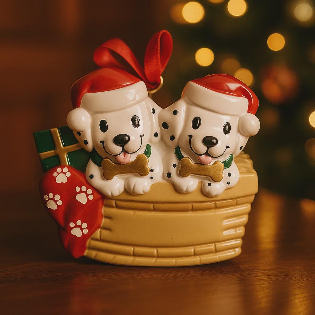 Personalized Christmas dog ornament featuring two adorable dalmatian puppies sitting together on a cozy basket, each wearing a Santa hat and holding a bone. Both puppies can be customized with names, while the front of the basket is personalized with a year or family name. Decorated with festive details like a stocking, gift box, and holiday accents, this ornament has a raised 3D front and smooth finish, making it perfect for dog lovers, couples, families, and Christmas tree decor.
