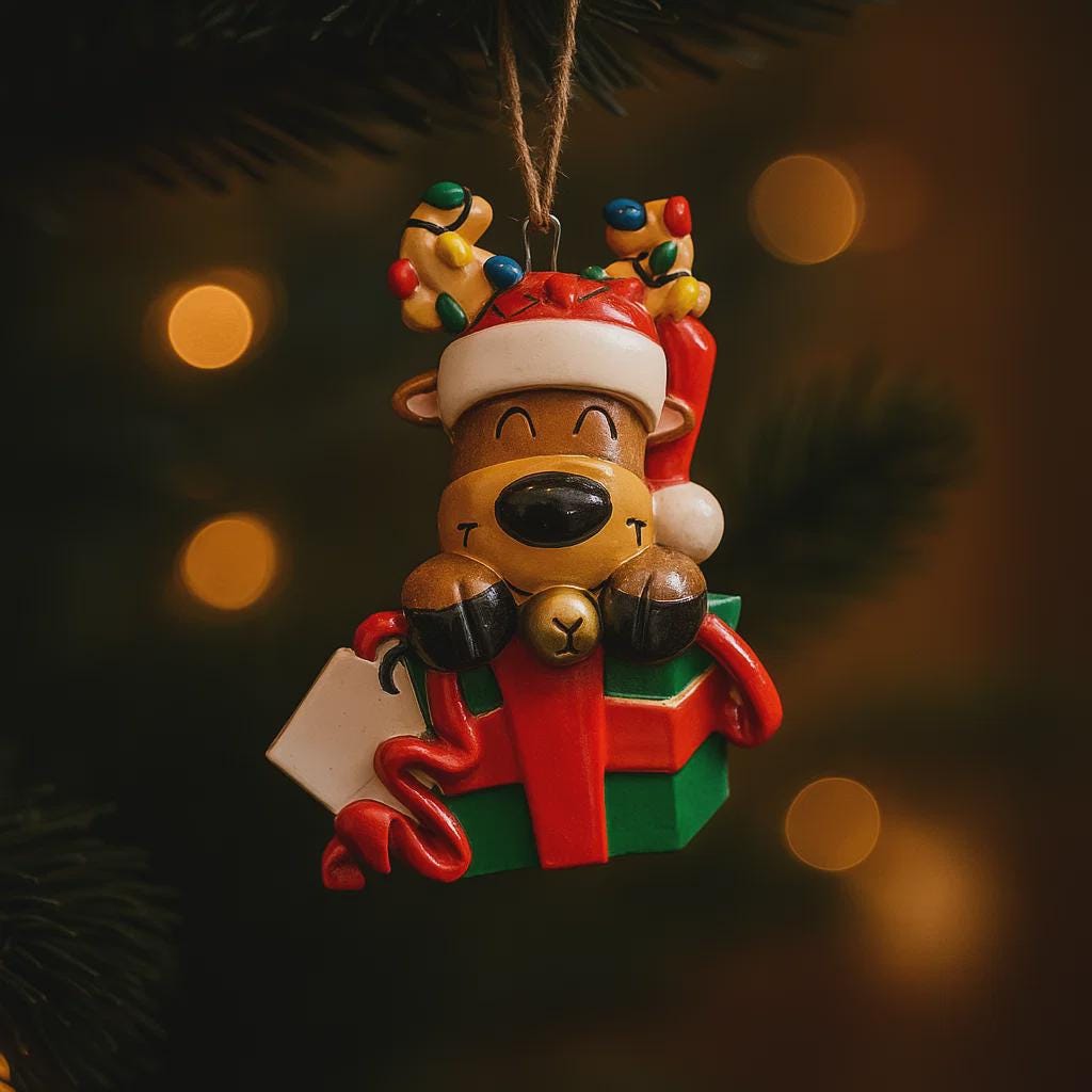 Christmas ornament of a reindeer with a gift and candy cane on a dark background with lights.