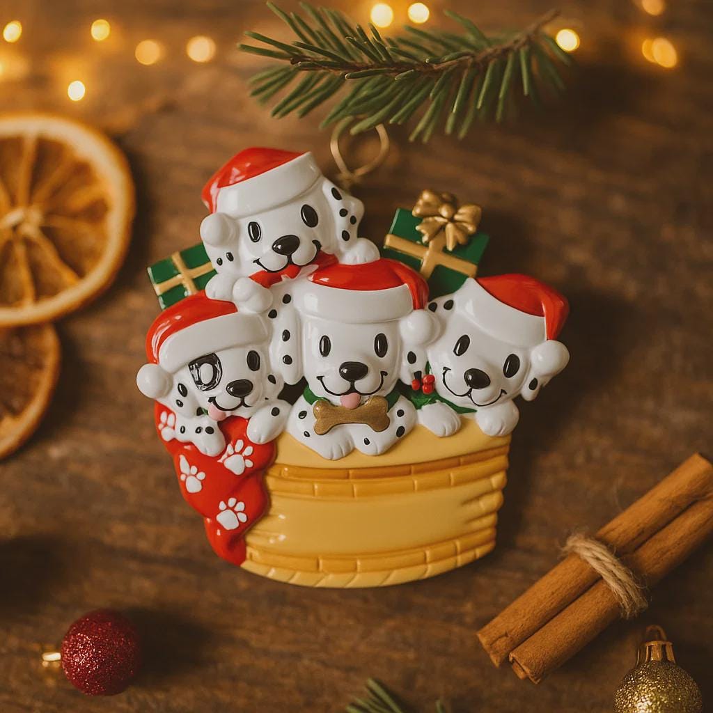 Decorative Christmas ornament with four Dalmatian dogs in a basket on a festive background.