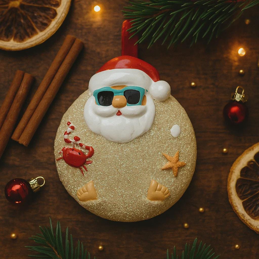 Decorative ornament with Santa Claus face, sunglasses, crab, and starfish on a wooden surface with Christmas decorations.