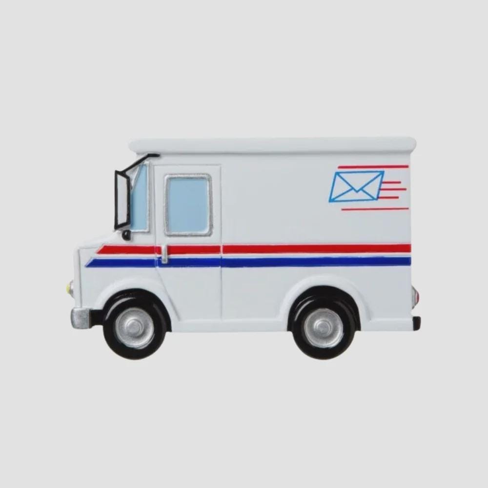 Model of a white mail truck with red and blue stripes on a light gray background