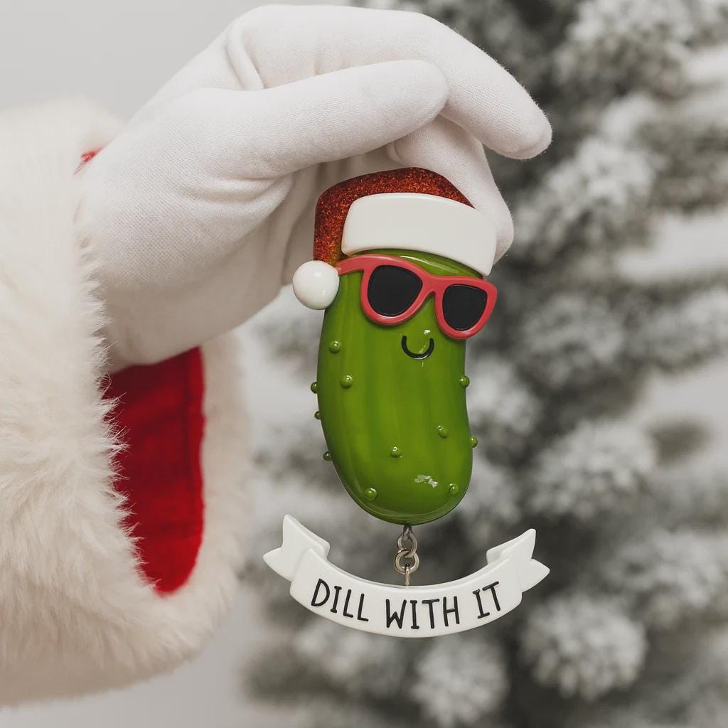 Decorative pickle ornament with sunglasses and Santa hat, held by a gloved hand against a blurred Christmas tree background.
