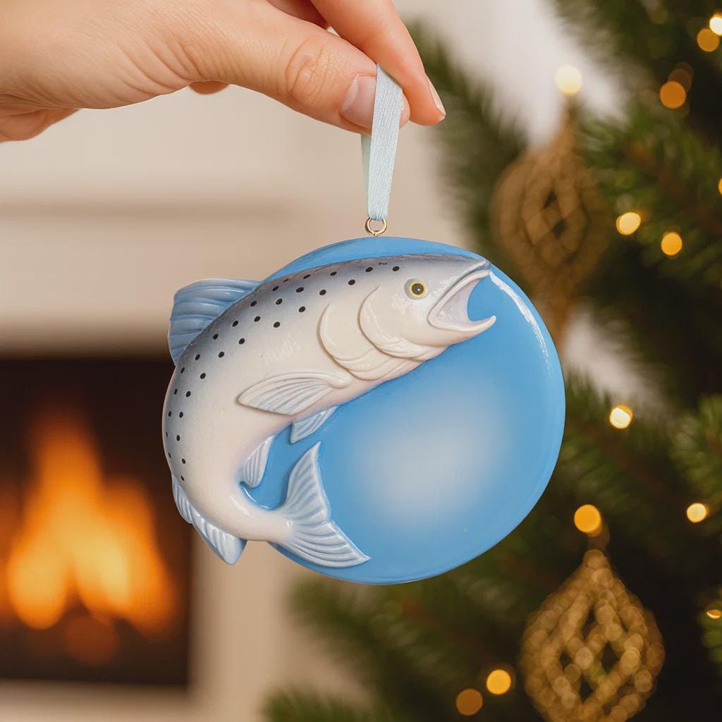 Trout Fish-shaped ornament held by a hand with a Christmas tree and fireplace in the background