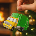 Load image into Gallery viewer, Cute personalized garbage truck ornament in green and yellow with animated truck face. Custom name and year option for kids who love trucks, garbage trucks, city vehicles and recycling themes. Perfect holiday tree decor for boys and toddlers obsessed with trucks. Bright colors, fun design, and adorable Christmas keepsake.
