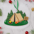 Load image into Gallery viewer, Camping-themed Christmas ornament with trees, tent, and bear sign on a snowy background.
