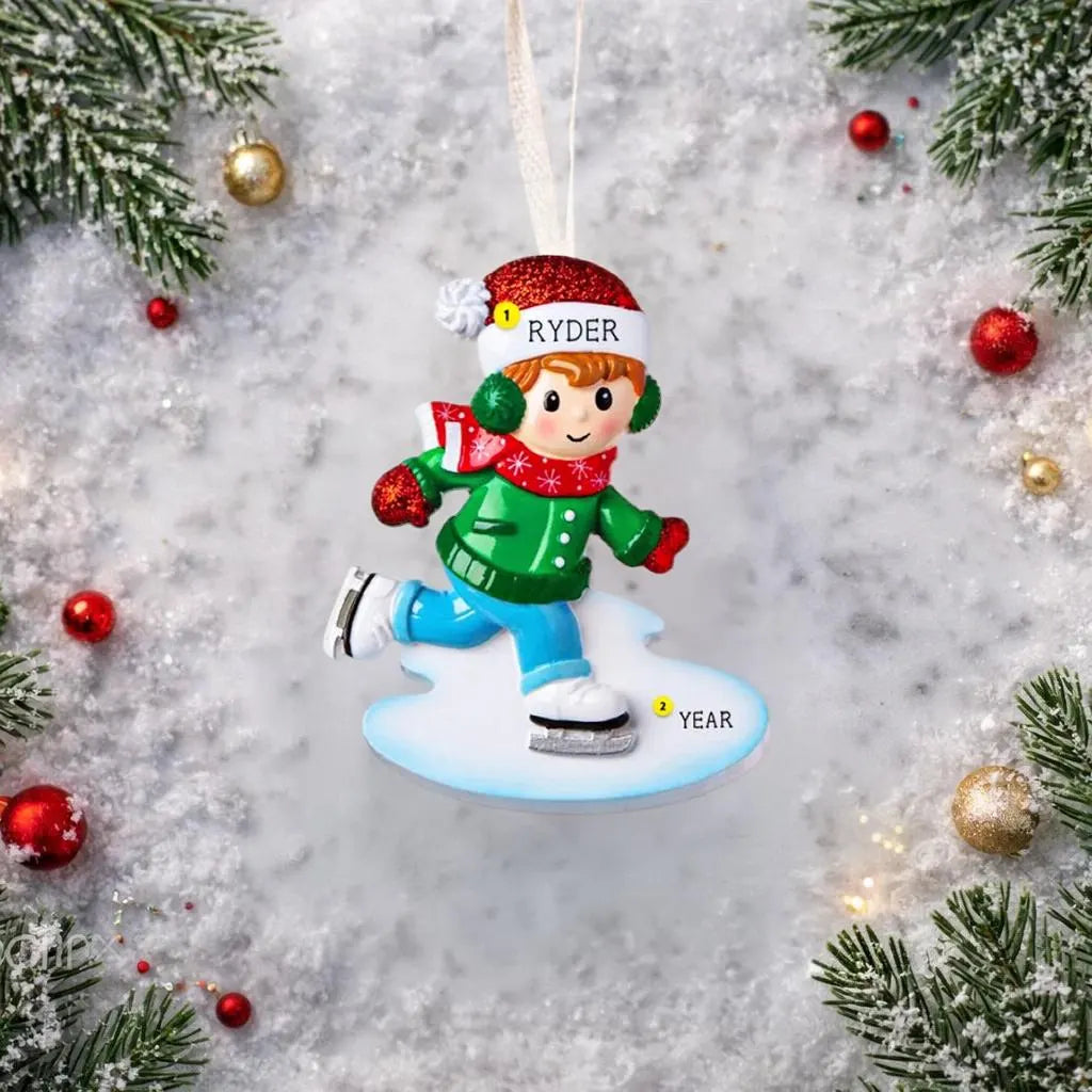 This personalized ice skating boy ornament features a cheerful winter skater wearing festive holiday clothing and gliding across an icy base. The design includes a custom name on the hat and a year displayed on the base, making it a perfect keepsake for celebrating winter memories, first Christmas moments, or a child’s love for ice skating and winter sports.
