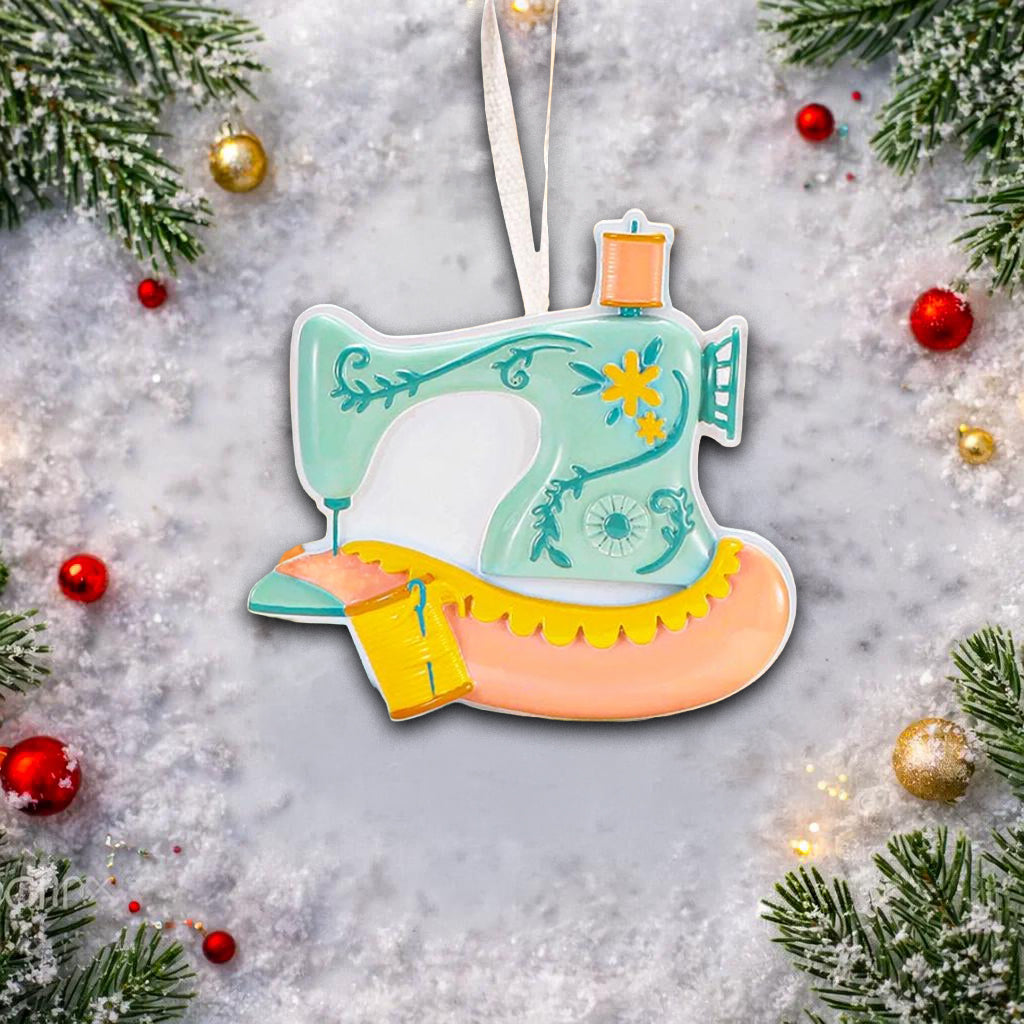 Personalized sewing machine ornament featuring a charming vintage style design with soft pastel colors and floral details. The ornament includes space for a name and year, making it a meaningful keepsake gift. Crafted from durable resin with a detailed 3D raised front and flat 2D back for smooth hanging. Includes free handwritten personalization. A perfect Christmas ornament gift for grandmothers sewing lovers quilters crafters and anyone who enjoys handmade traditions and creative hobbies.