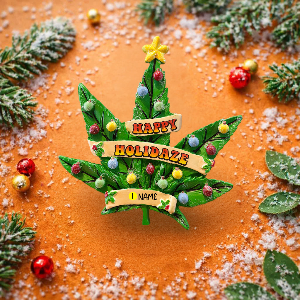 Green raised 3D leaf shaped ornament in bright green tones featuring sculpted front and back surfaces with dark green vein details a yellow star topper glitter accents cream ribbon banners for handwritten personalization name and year placement glossy painted resin finish lightweight hanging string and dimensional holiday tree decor style.
