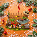 Load image into Gallery viewer, Personalized gardener ornament featuring a detailed garden scene with wooden fence wheelbarrow potted plants gardening tools and soil elements. The design includes a customizable name on the fence and a year on the base making it a thoughtful keepsake for garden lovers. The ornament has a warm rustic farmhouse style and is displayed with a red hanging ribbon suitable for Christmas trees seasonal decor and gift displays.
